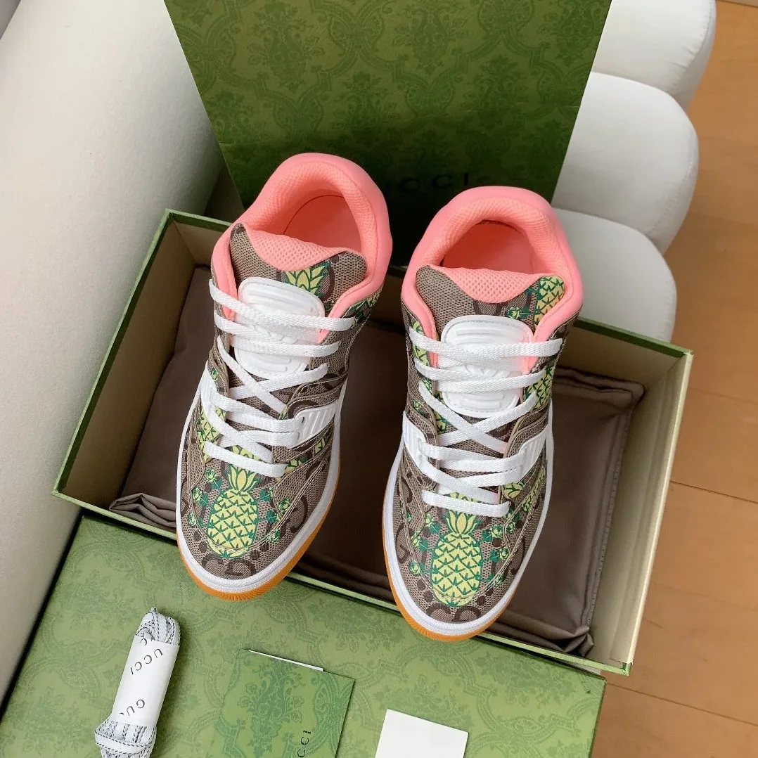 Gucci Basket Sneaker Print Pineapple Brown Pink for Women Gucci Basket Sneaker Print Pineapple Brown Pink for Women