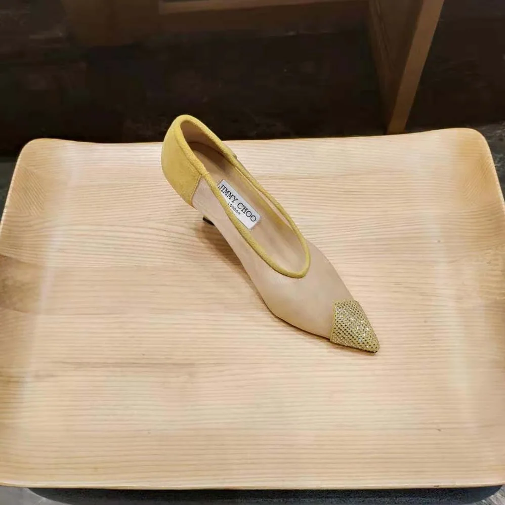 Jimmy Choo Nicole 90 Yellow Mesh and Suede Pumps with Crystal Embellishment for Women