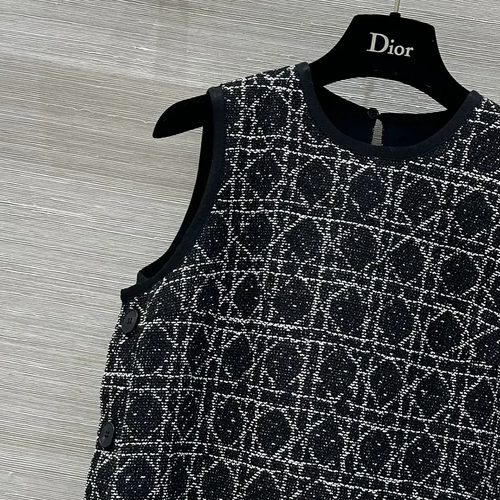 Dior Macrocannage Sleeveless Tunic Black and White Cotton Blend Tweed for Women