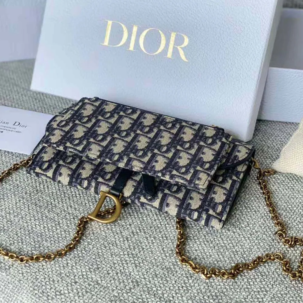 Dior Long Saddle Wallet with Chain Blue Dior Oblique Jacquard for Women Dior Long Saddle Wallet with Chain Blue Dior Oblique Jacquard for Women