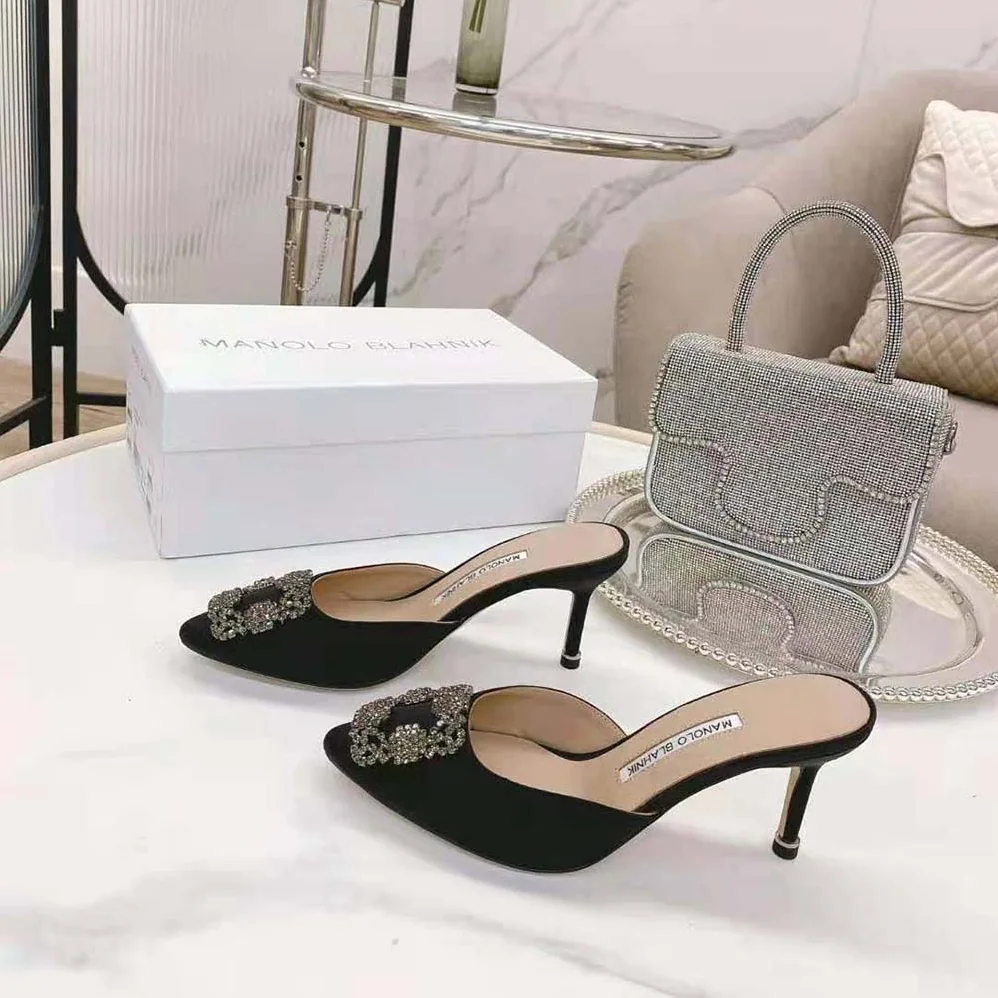 Manolo Blahnik Black Satin Jewel Buckle Mules for Women Manolo Blahnik Black Satin Jewel Buckle Mules for Women