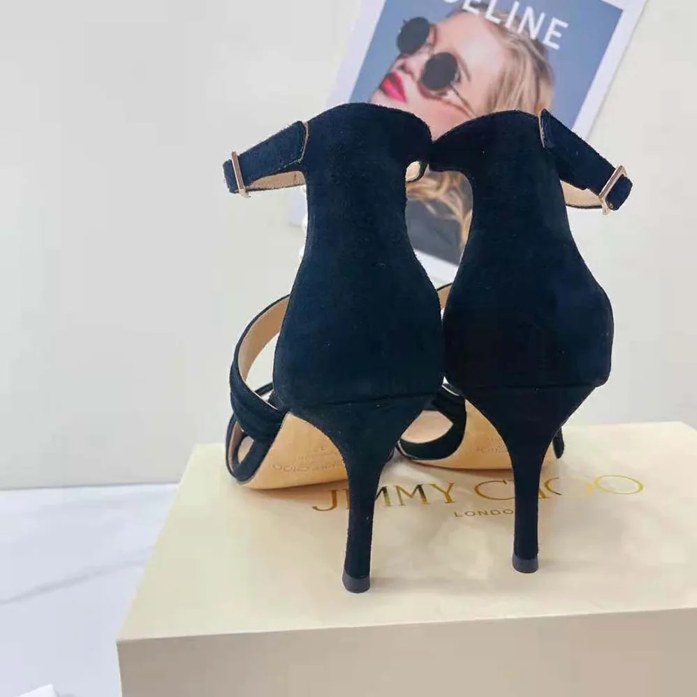 Jimmy Choo Aura 95 Black Suede Sandals with Pearls and Crystals for Women Jimmy Choo Aura 95 Black Suede Sandals with Pearls and Crystals for Women