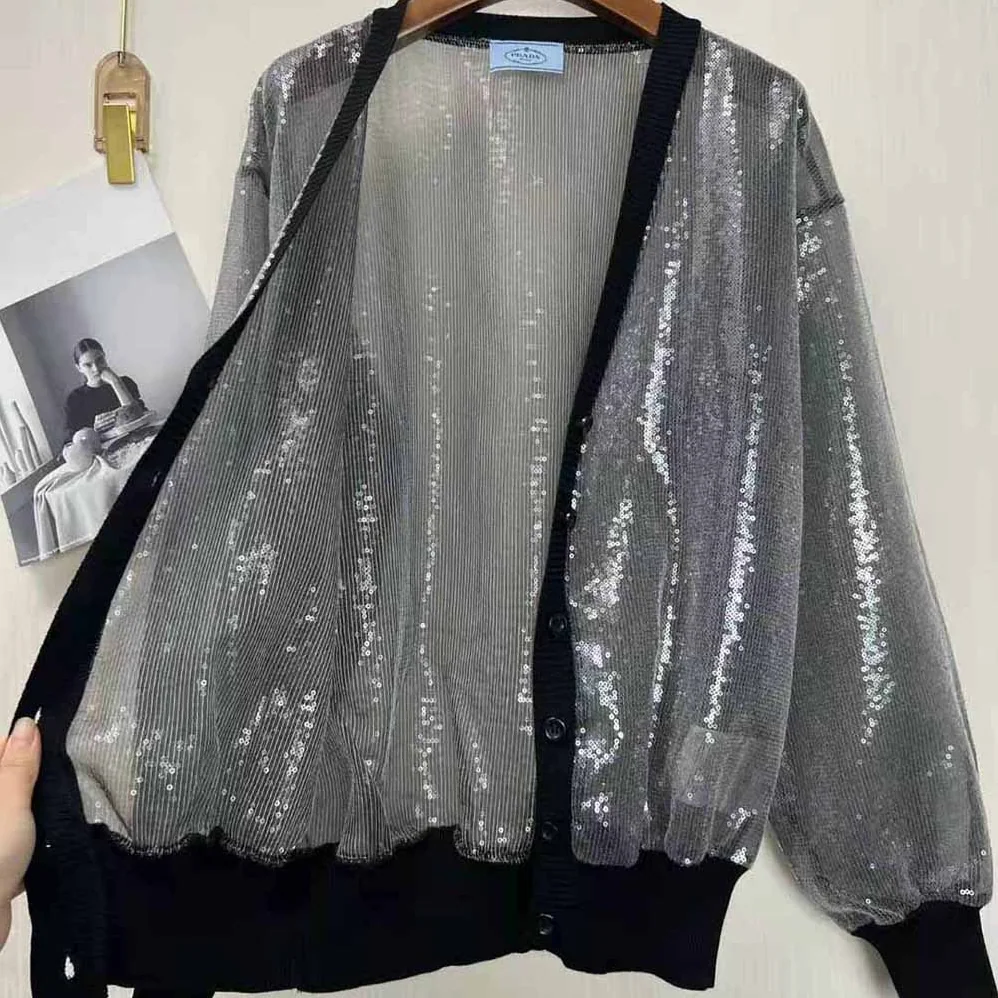 Prada Sequin-Embroidered Tulle Cardigan for Women in Black