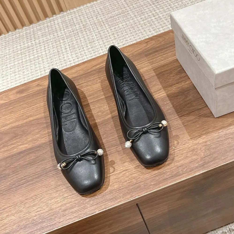 Jimmy Choo Elme Flat Black Nappa Leather Flats with Pearl Embellishment for Women Jimmy Choo Elme Flat Black Nappa Leather Flats with Pearl Embellishment for Women
