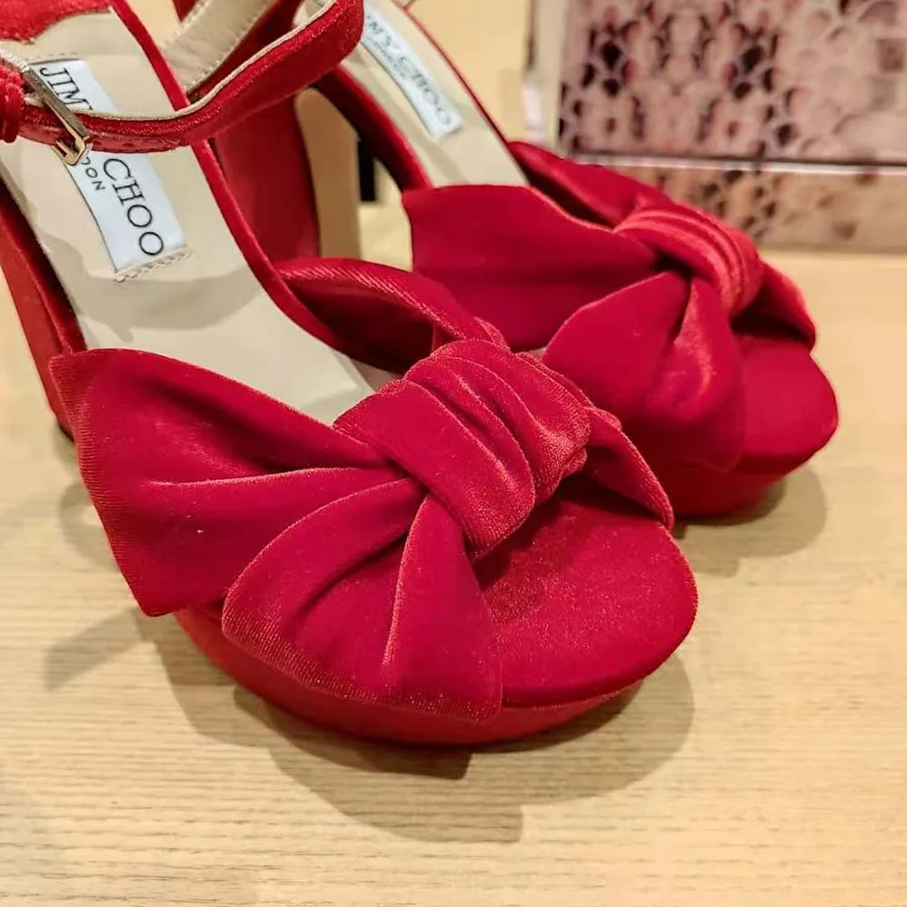 Jimmy Choo Heloise 120 Red Velvet Platform Sandals for Women