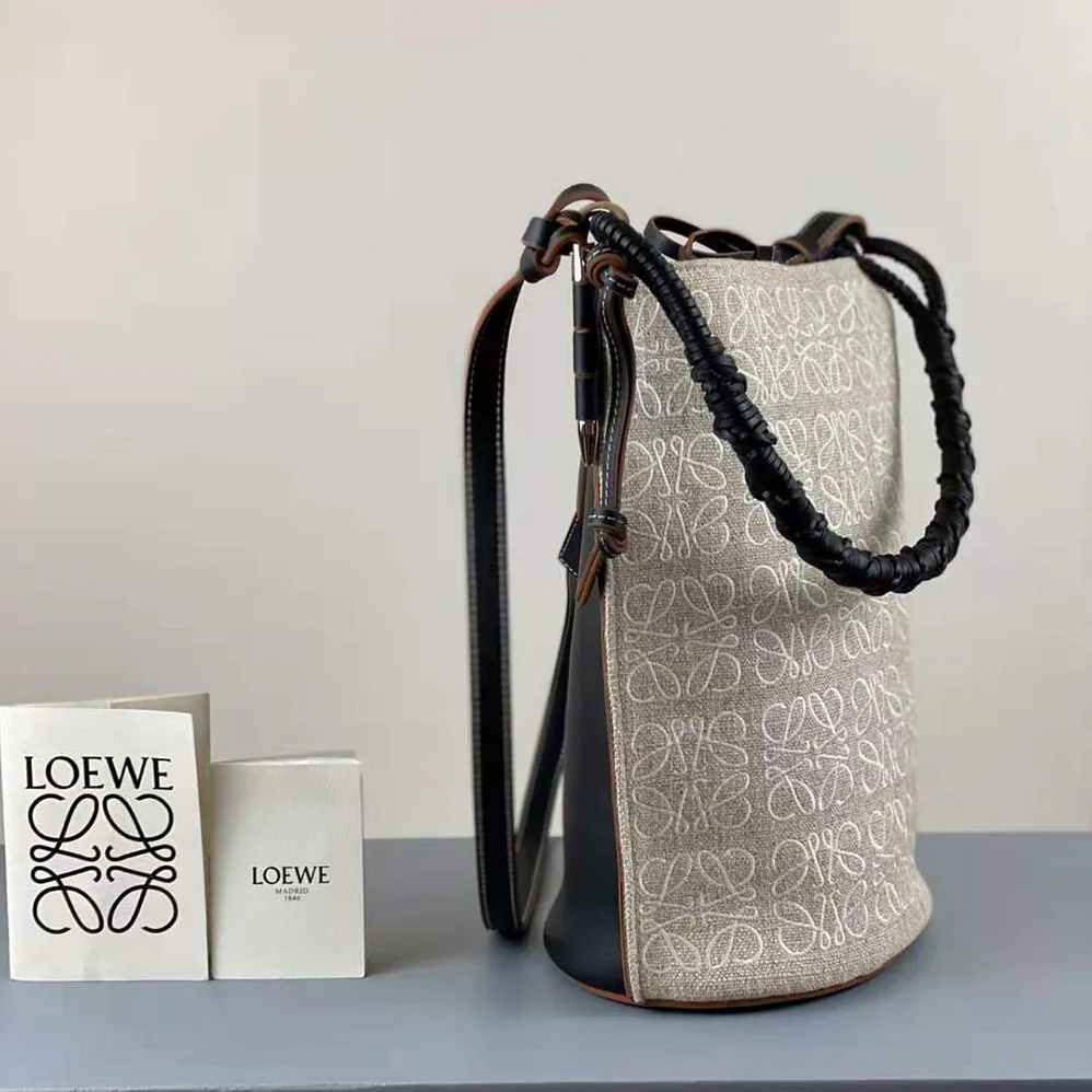 Loewe Gate Bucket Handle Bag in Anagram Linen and Calfskin for Women Loewe Gate Bucket Handle Bag in Anagram Linen and Calfskin for Women