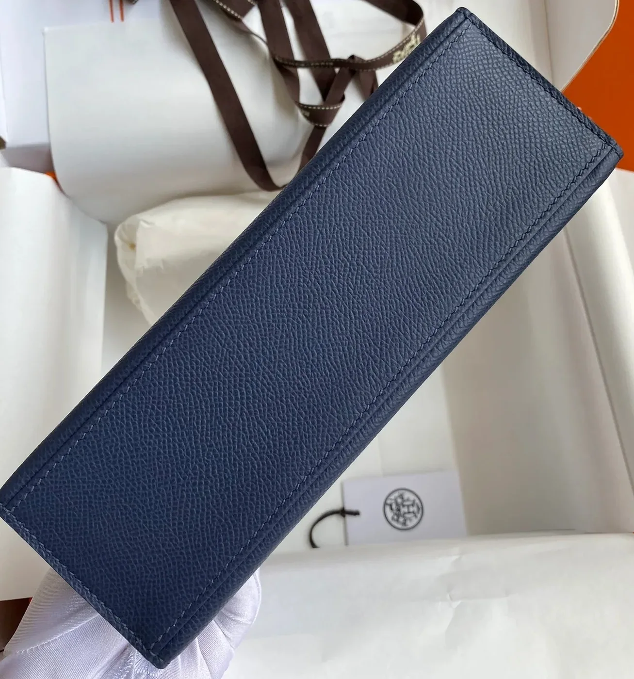 Hermes Kelly Pochette Top Handle Bag in Navy Epsom Palladium Hardware
