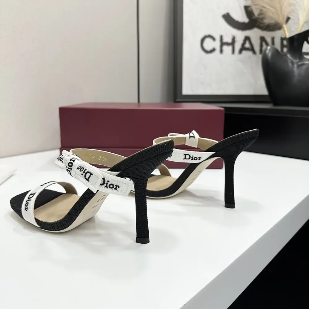 Dior Heeled Sandal with J'Adior Straps Black Embroidered Cotton for Women Dior Heeled Sandal with J'Adior Straps Black Embroidered Cotton for Women