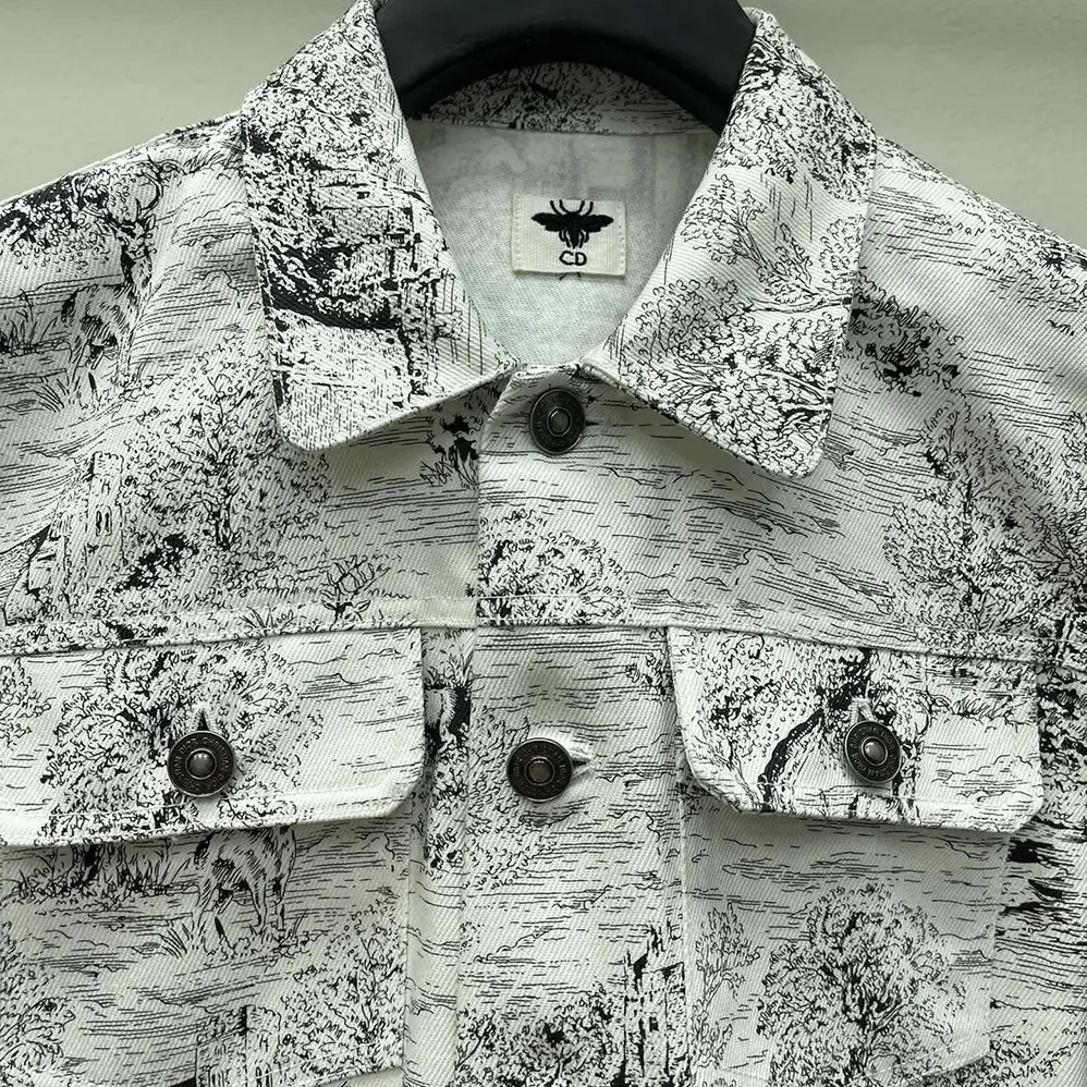 Dior Jacket White Cotton Denim with Blue Toile de Jouy Scotland Motif for Men