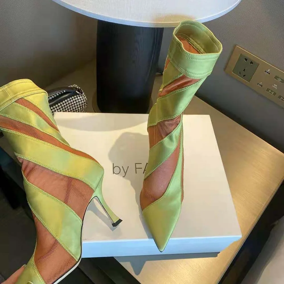 Jimmy Choo Mugler Sock Ankle Boot Neon Yellow and Nude Sheer Spiral Stretch Fabric for Women Jimmy Choo Mugler Sock Ankle Boot Neon Yellow and Nude Sheer Spiral Stretch Fabric for Women