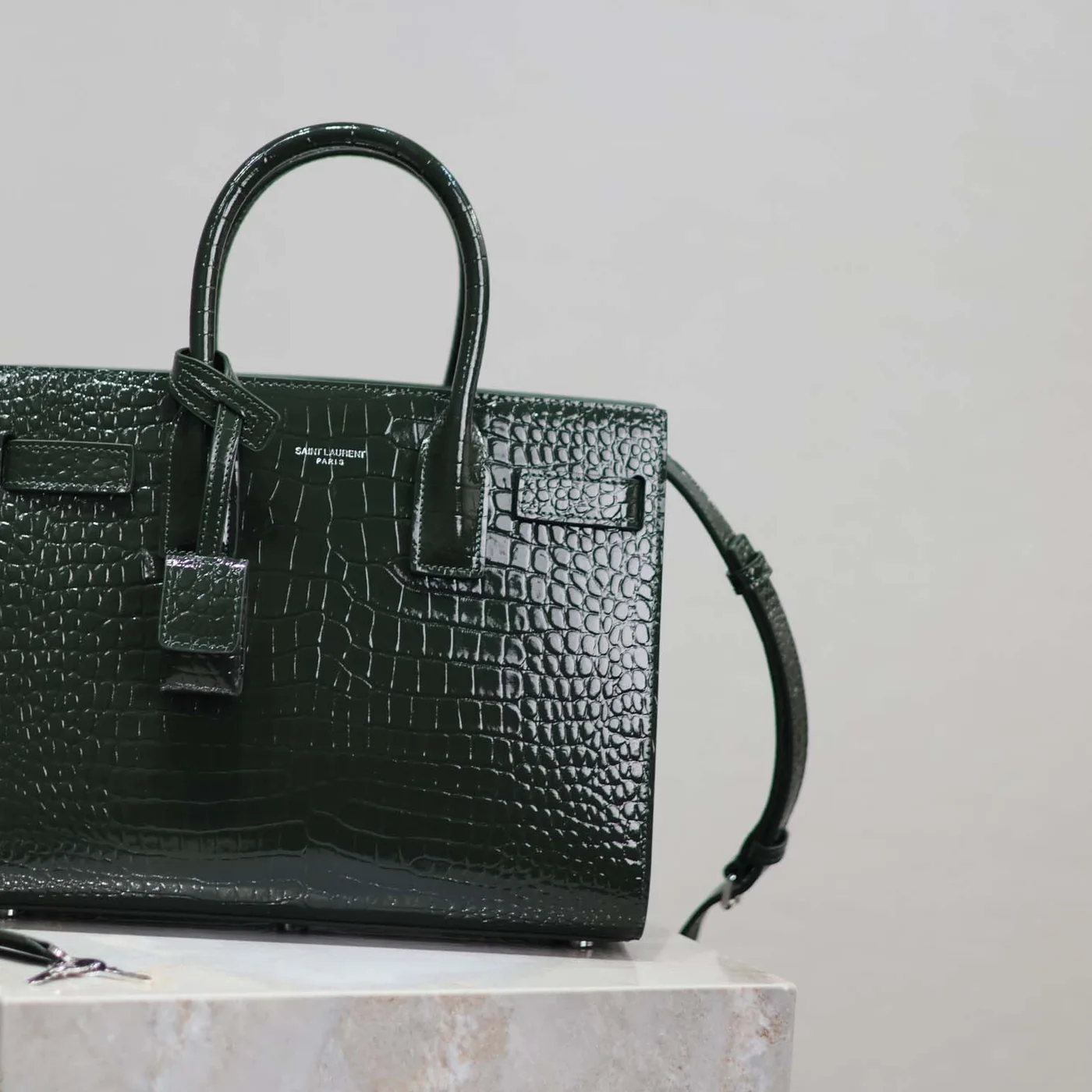 Saint Laurent YSL Sac De Jour in Embossed Crocodile Leather Baby for Women in Dark Green