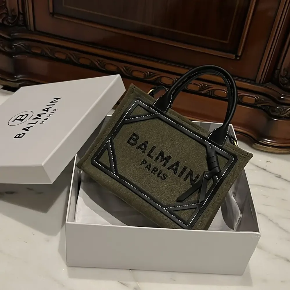 Balmain B-Army Small Canvas Shopping Bag with Leather Inserts for Women Balmain B-Army Small Canvas Shopping Bag with Leather Inserts for Women