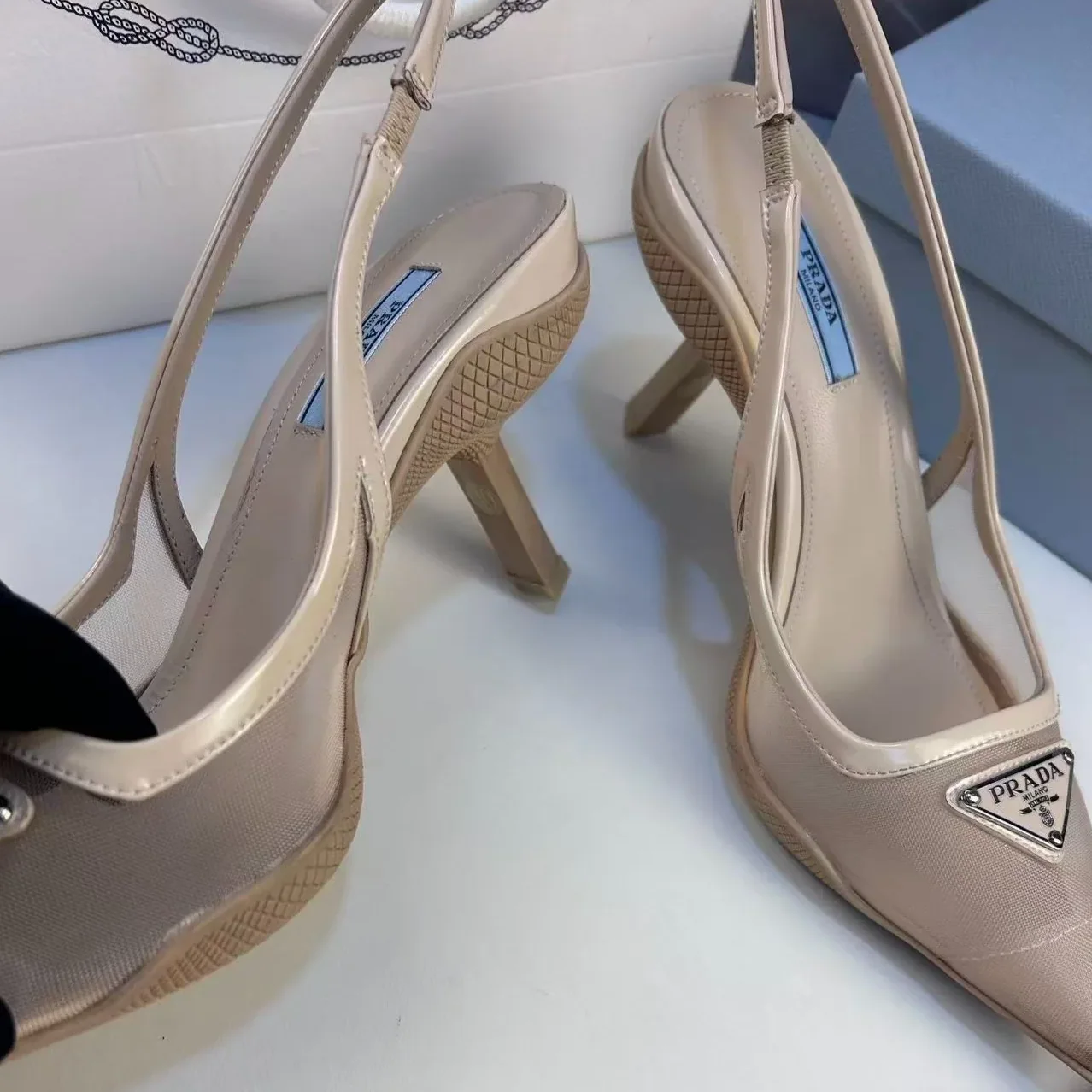Prada Mesh Fabric Slingback Pumps Beige