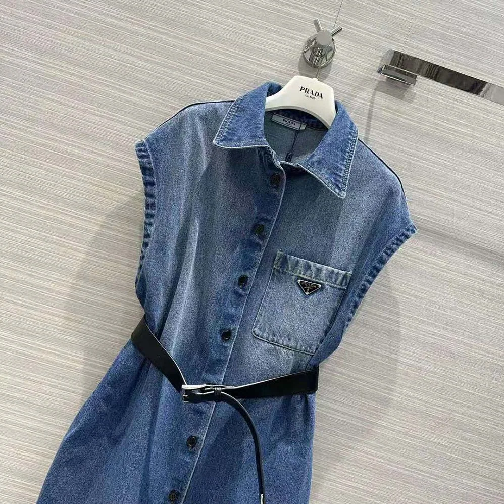 Prada Denim Shirt with Triangle Logo for Women in Navy Prada Denim Shirt with Triangle Logo for Women in Navy