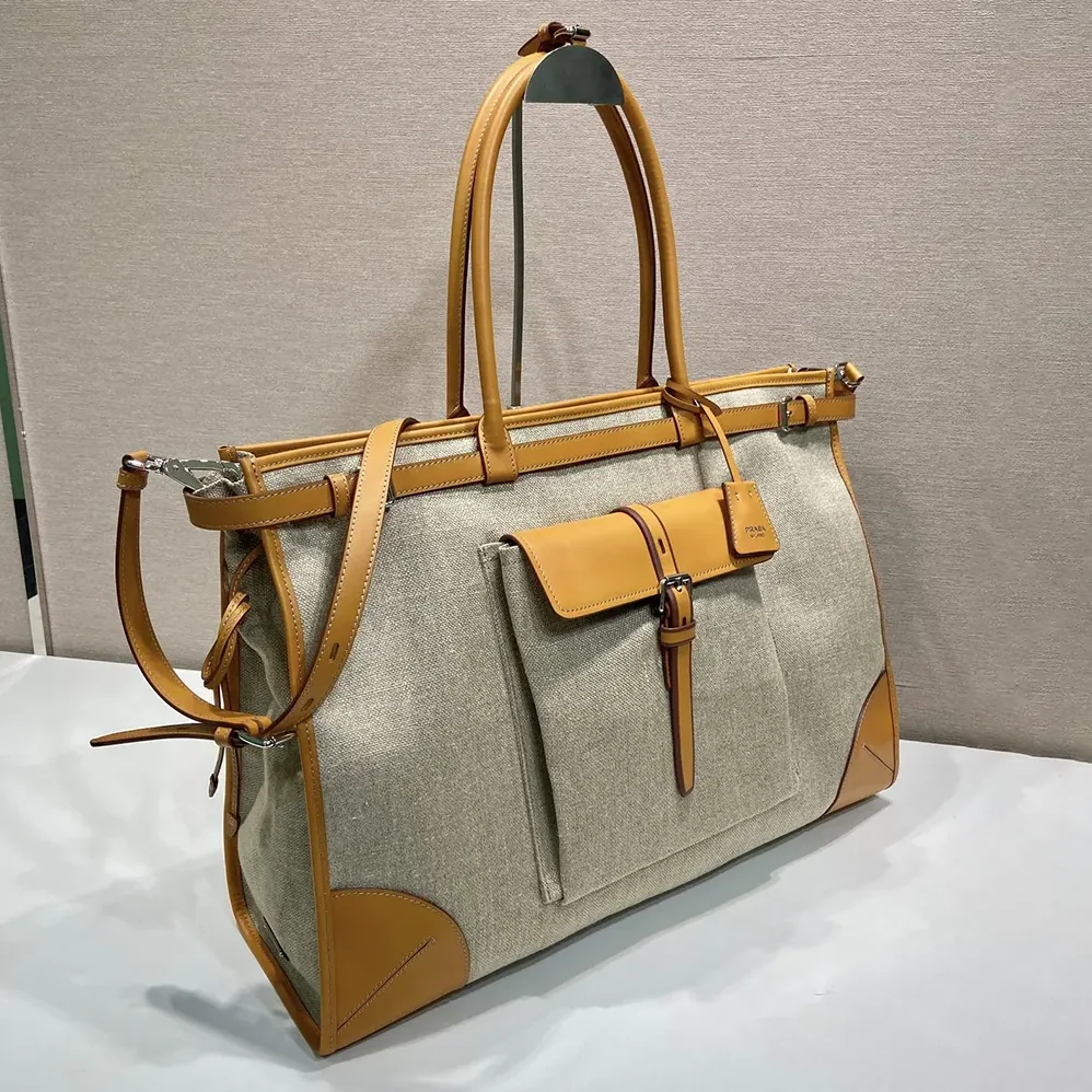 Prada Bonnie Linen and Leather Tote Bag for Unisex Prada Bonnie Linen and Leather Tote Bag for Unisex