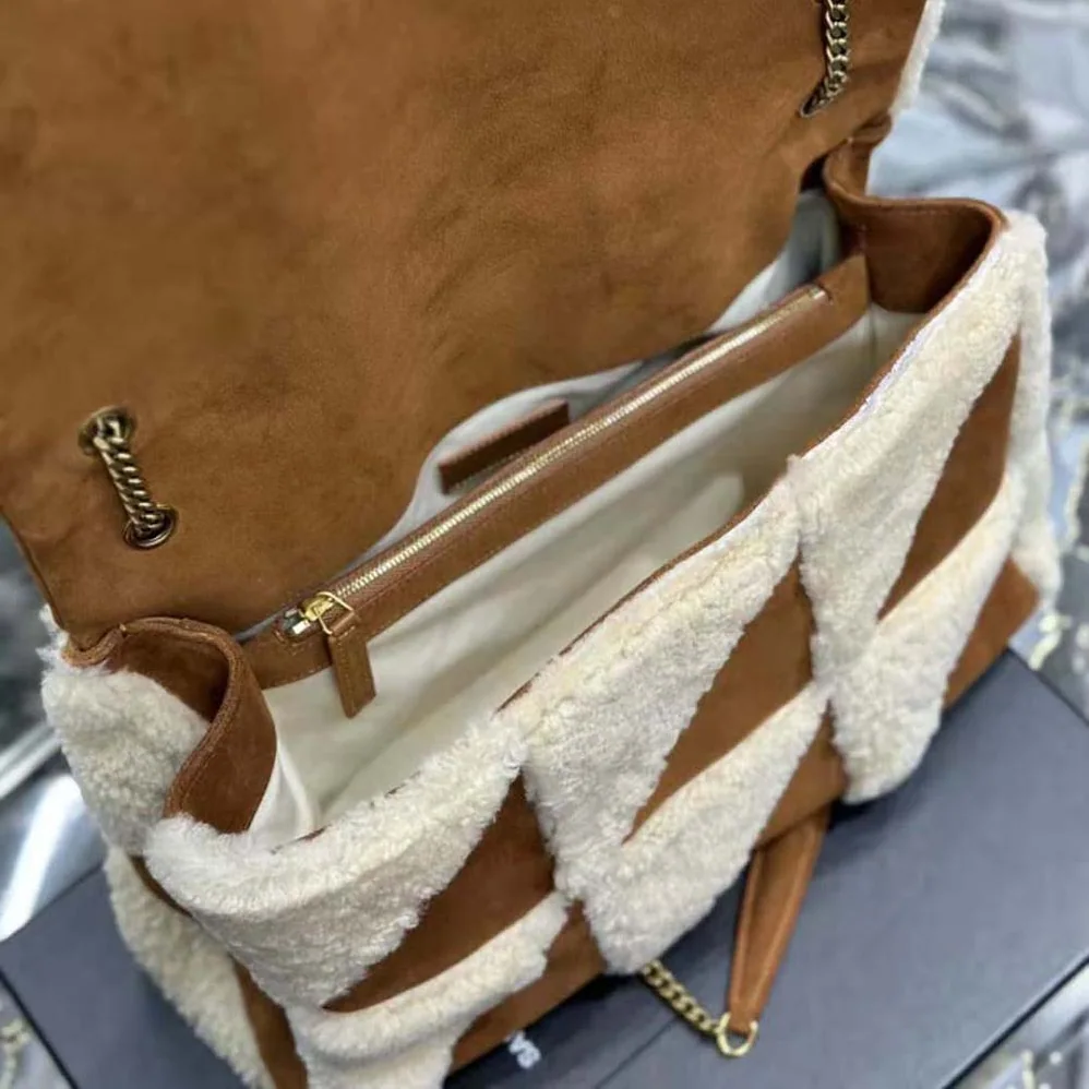 Saint Laurent YSL Jamie Giant Chain Bag “Carré Rive Gauche” in Suede and Shearling Patchwork for Women in Brown Saint Laurent YSL Jamie Giant Chain Bag “Carré Rive Gauche” in Suede and Shearling Patchwork for Women in Brown