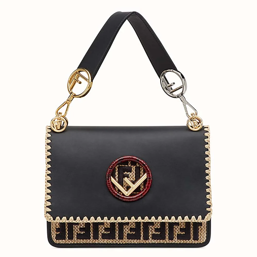 Fendi KAN I F Exotic Black Leather and Raffia Bag for Women Fendi KAN I F Exotic Black Leather and Raffia Bag for Women