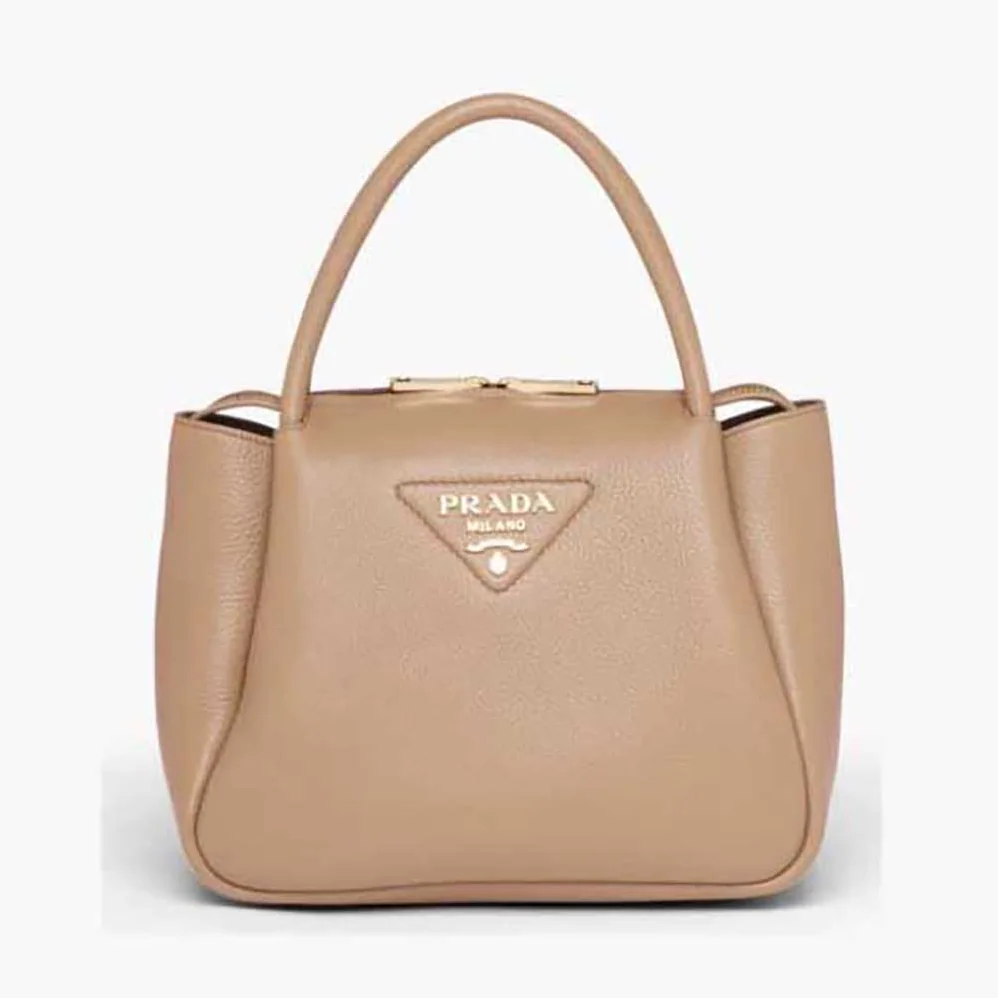 Prada Small leather Handbag with the Prada Metal Lettering Logo Illuminating Its Center for Women in Sandy