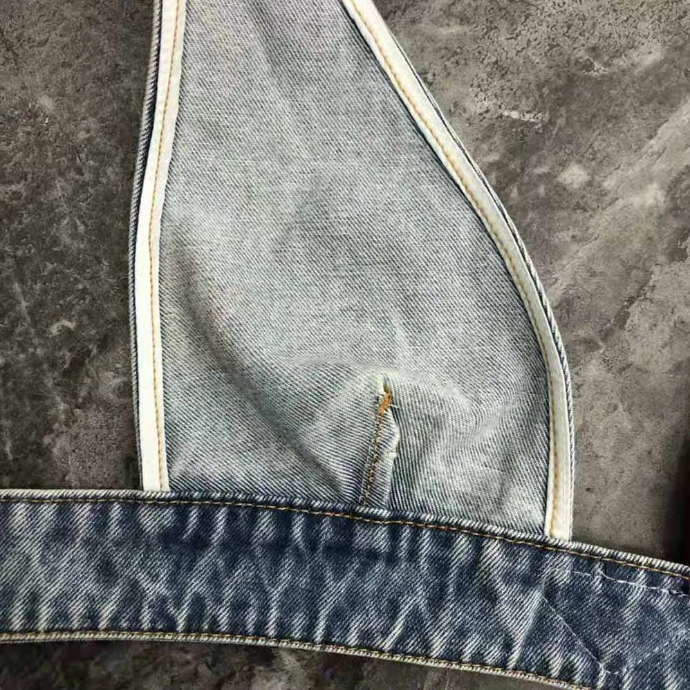 Prada Organic Denim Top with Plunging V Neck is Made of Washed Organic Denim for Women in Blue
