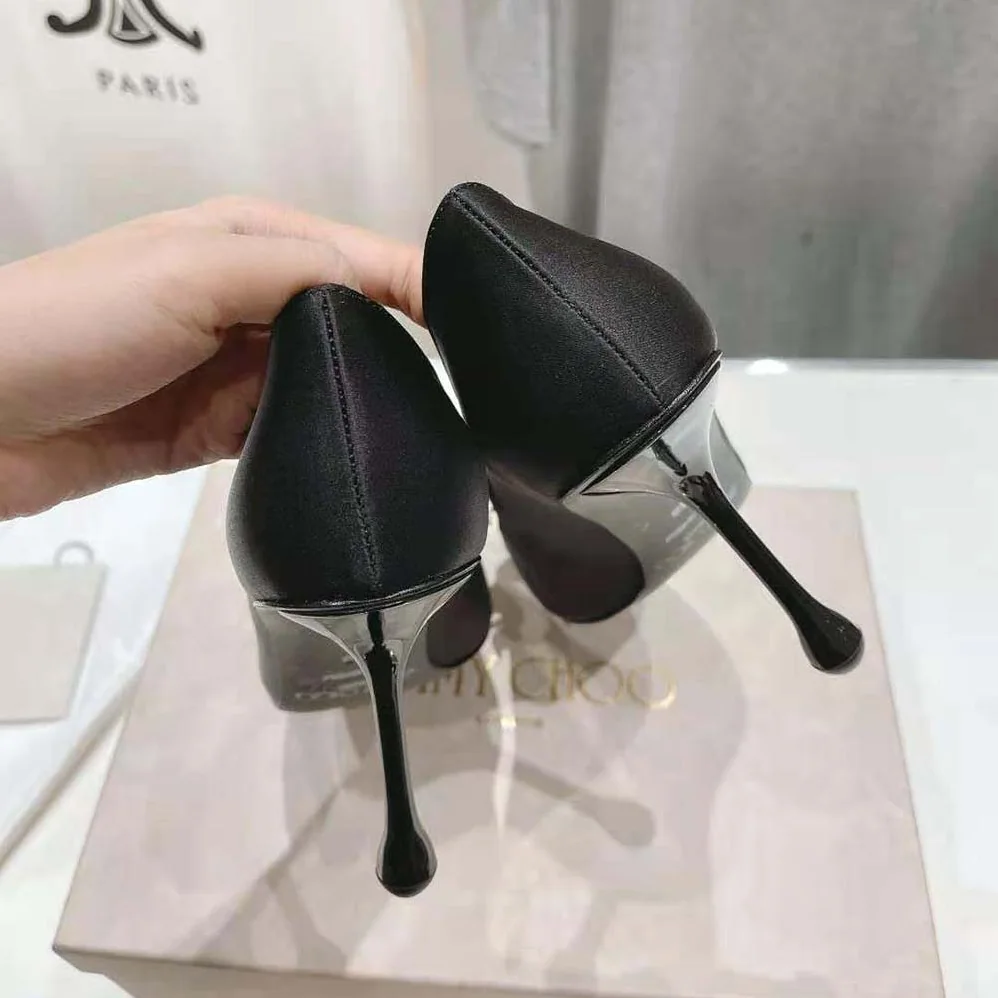 Jimmy Choo Ixia 95 Black Satin Pumps with Flowers-IXIA95BGU for Women