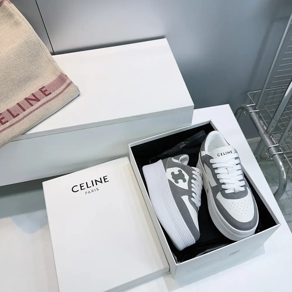 Celine Block Wedge Sneaker With Triomphe Patch In Calfskin And Suede Calfskin for Women in Gray Celine Block Wedge Sneaker With Triomphe Patch In Calfskin And Suede Calfskin for Women in Gray