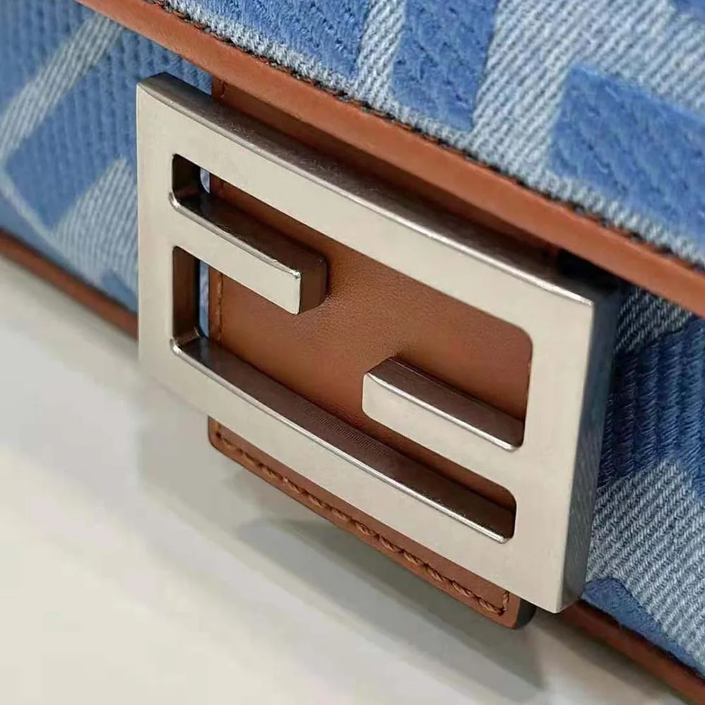 Fendi Baguette Light Blue Denim Bag with FF Embroidery for Women