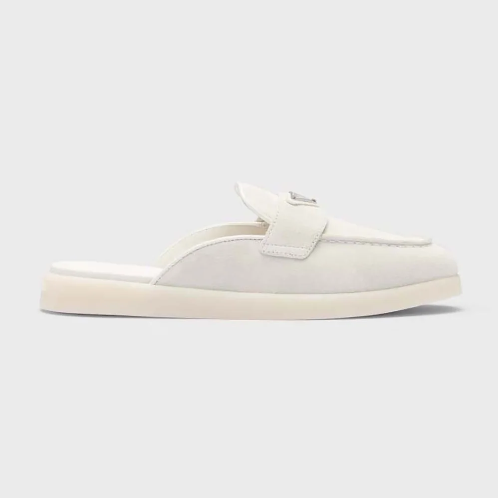 Prada Suede Leather Sabots with Enameled Metal Triangle Logo for Unisex in White