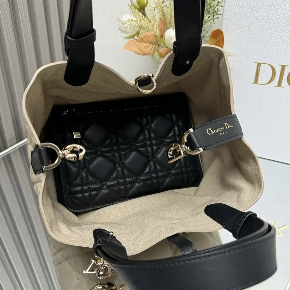 Dior Small Dior Toujours Bag Rope Beige and Black Macrocannage Calfskin for Women