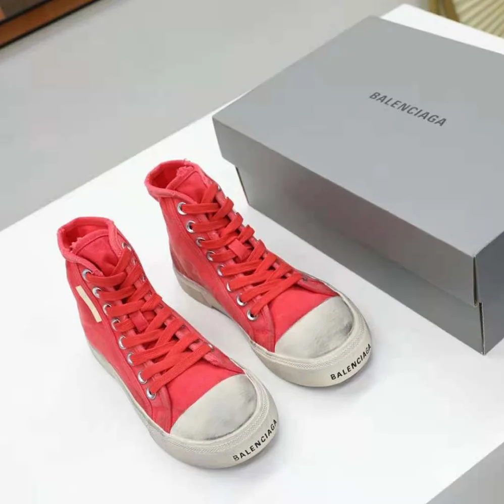Balenciaga Paris High Top Sneaker in Red Destroyed Cotton and White Rubber for Unisex Balenciaga Paris High Top Sneaker in Red Destroyed Cotton and White Rubber for Unisex