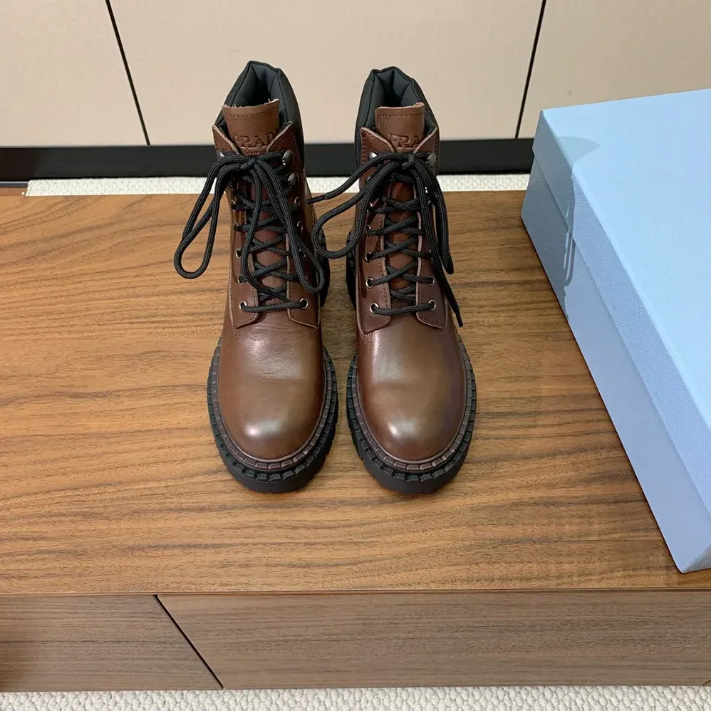 Prada Leather and Re-Nylon booties for Unisex in Cognac