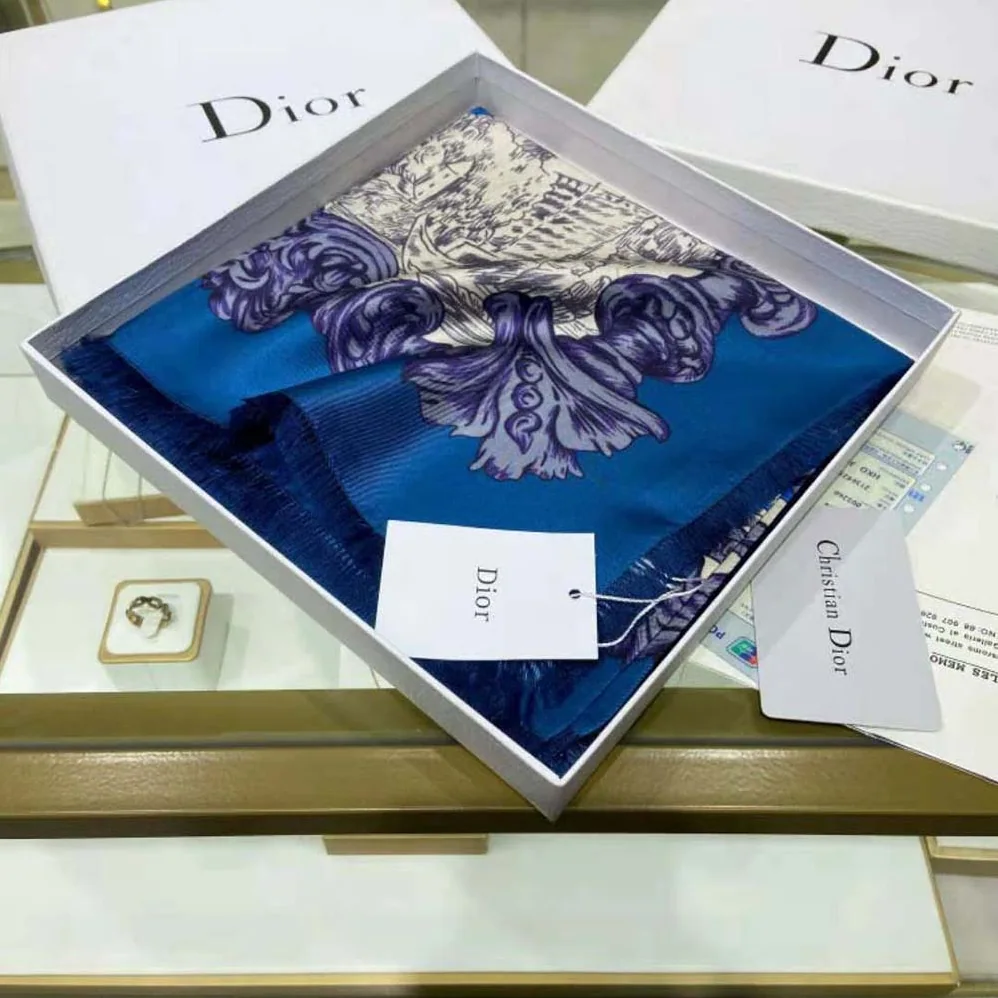 Dior Rose Des Vents 90 Square Scarf Royal Blue and White Silk Twill for Women
