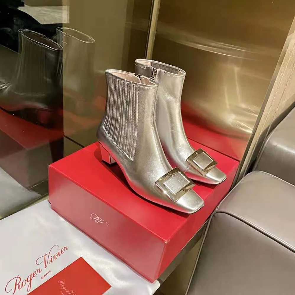 Roger Vivier Belle Vivier Metal Buckle Chelsea Booties in Soft Leather for Women