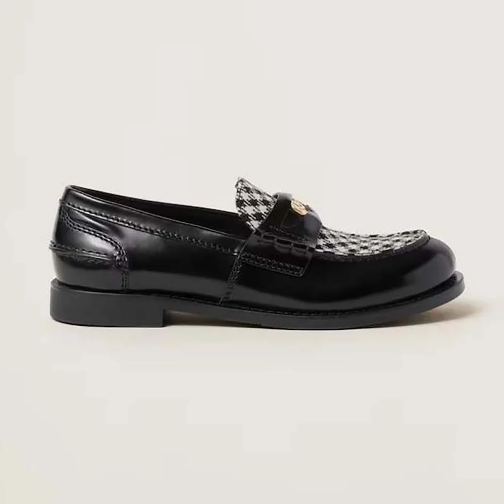 Miu Miu Brushed Leather and Gingham Check Fabric Loafers for Women
