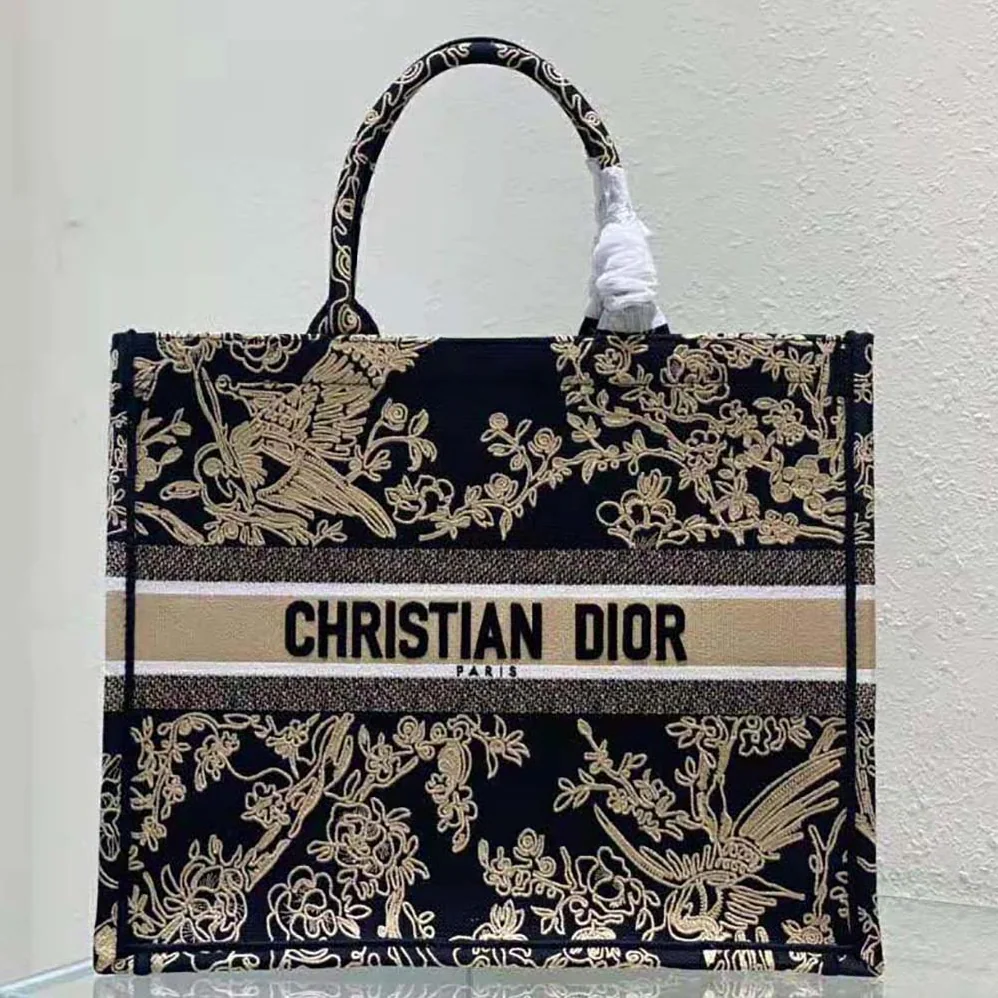 Dior Large Dior Book Tote Black Dior Jardin D'Hiver Embroidered Cotton with Velvet and Metallic Thread for Women