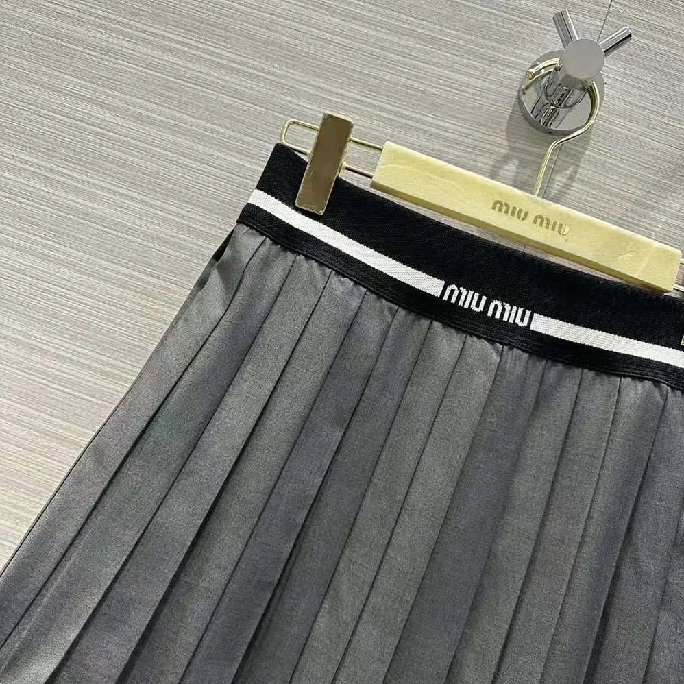 Miu Miu Prince of Wales Check Skirt with Intarsia Logo Knit Waistband for Women Miu Miu Prince of Wales Check Skirt with Intarsia Logo Knit Waistband for Women