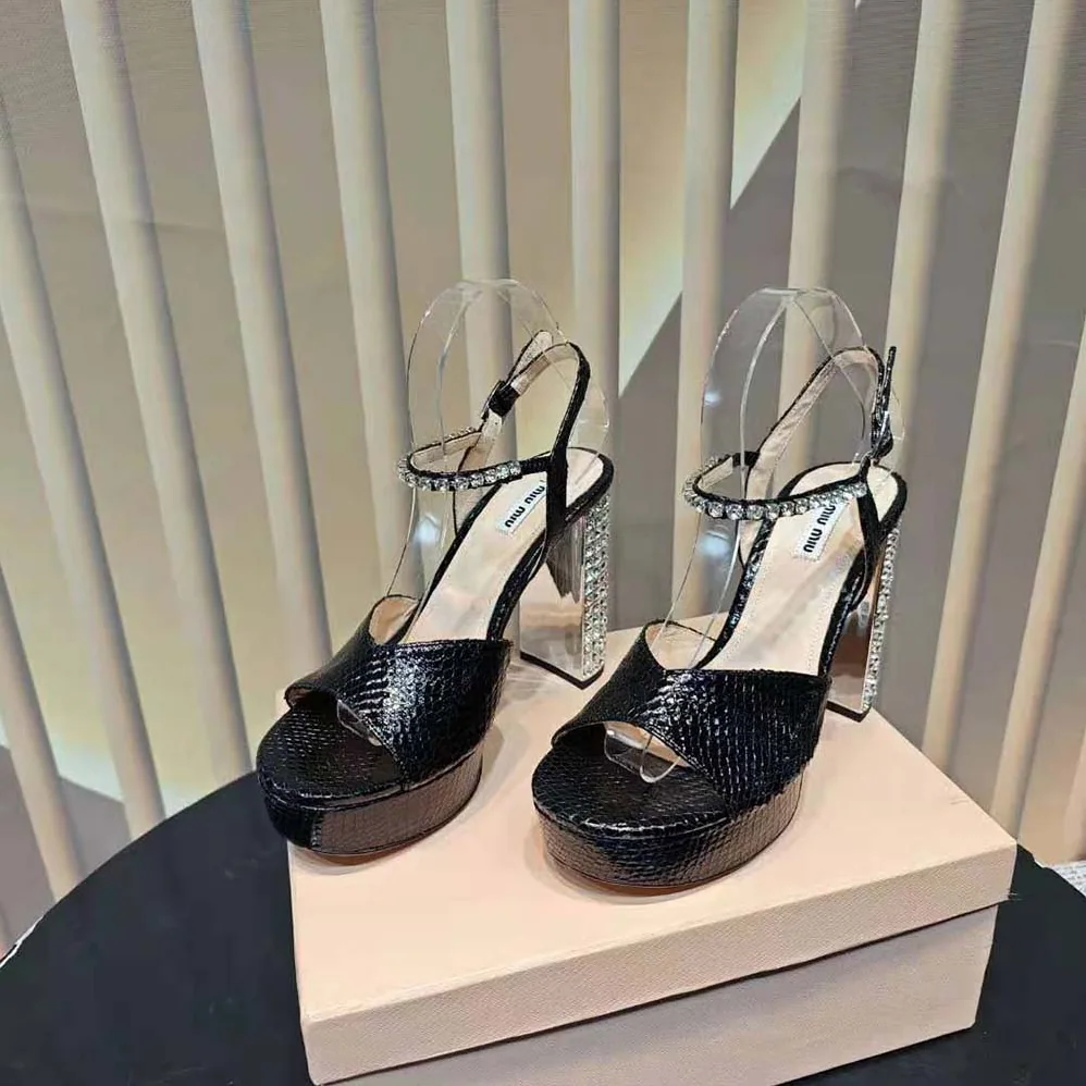 Miu Miu Lizard-print Leather Platform Sandals for Women in Black