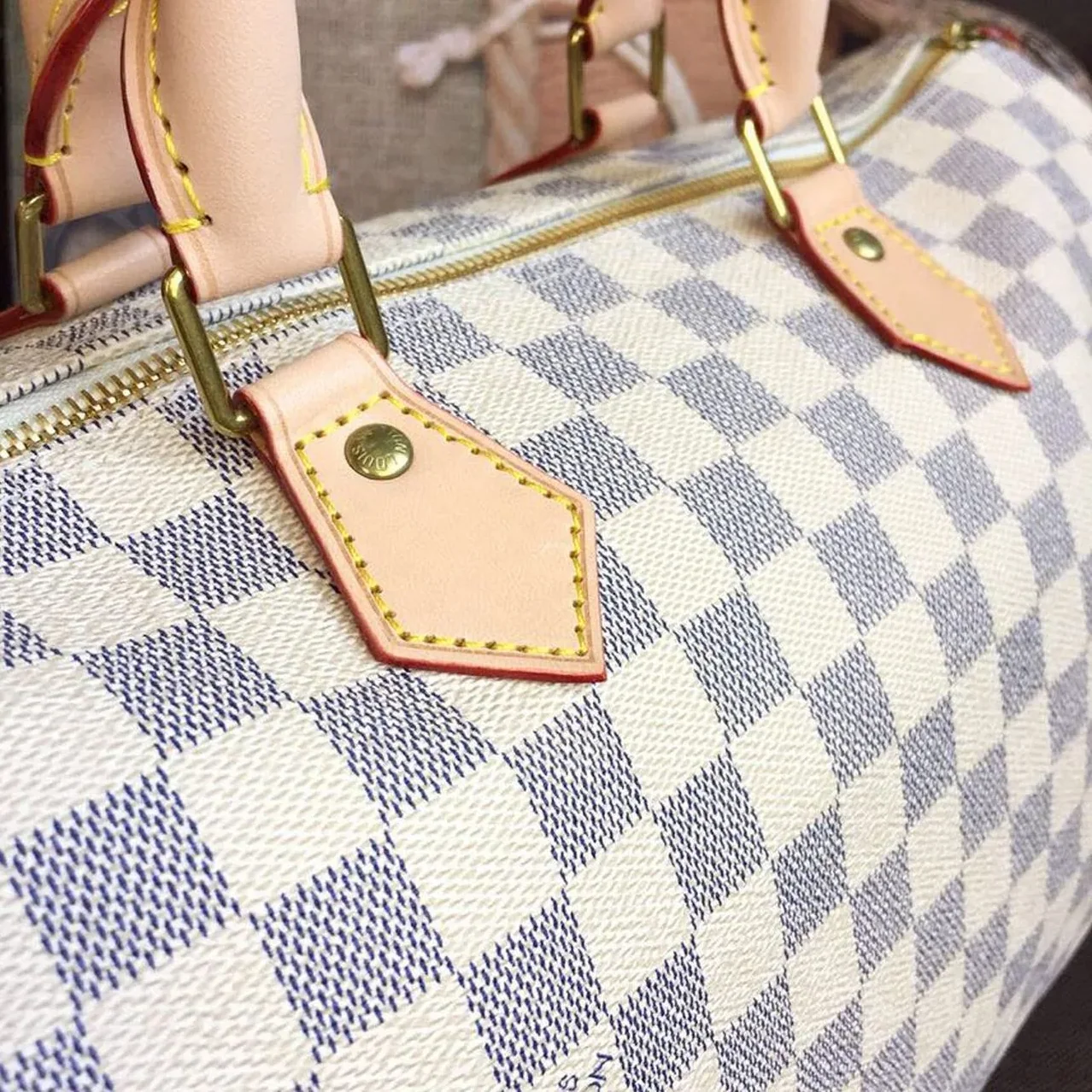 Louis Vuitton Speedy 35 Top Handle Bag / White Damier Azur Canvas Gold Hardware