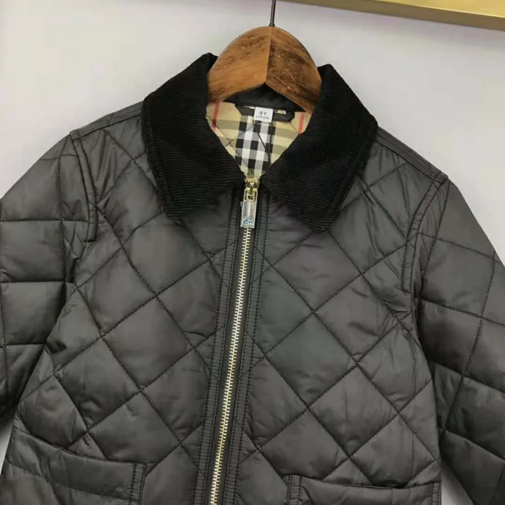 Burberry Kids' Corduroy Collar Diamond Quilted Jacket in Black