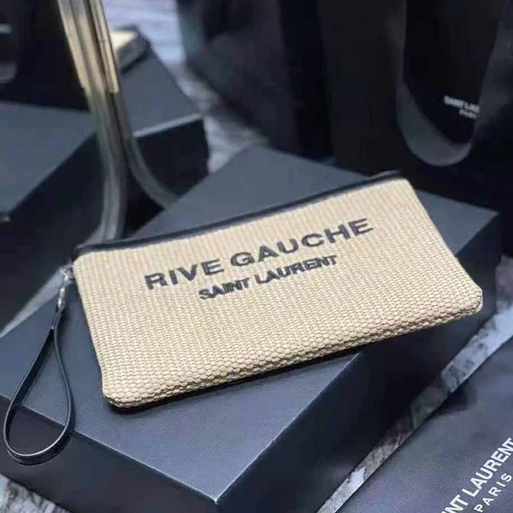 Saint Laurent YSL Rive Gauche Zippered Pouch in Embroidered Raffia and Leather for Women
