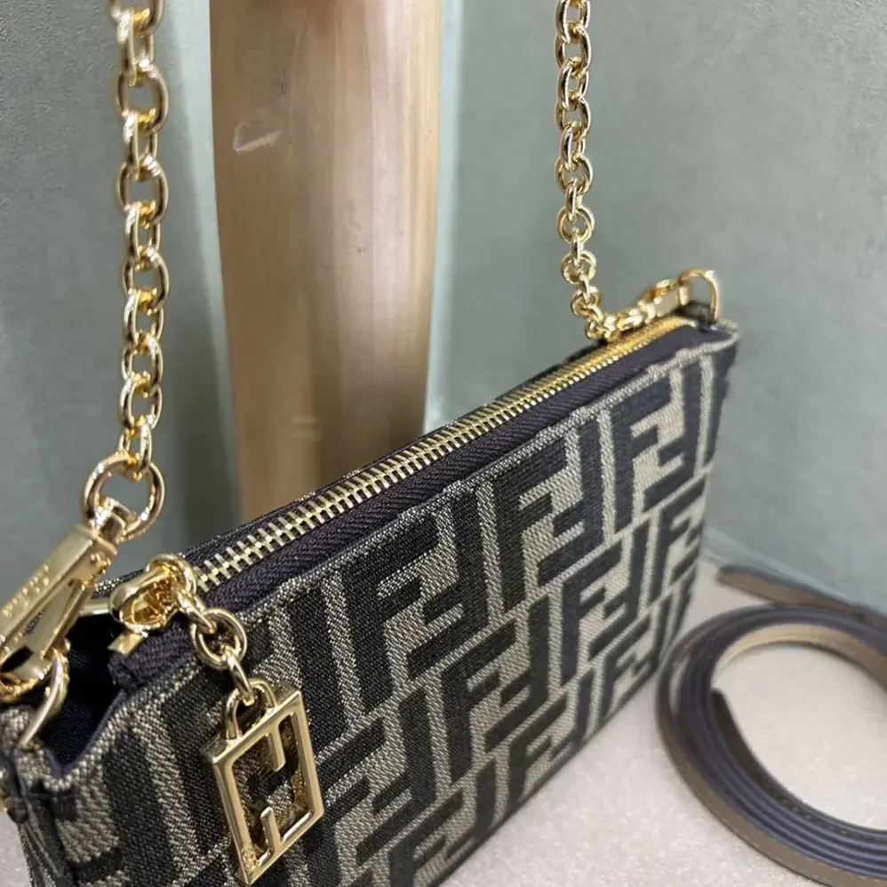 Fendi Baguette Pouch Brown Jacquard FF Fabric Clutch with Chain for Women
