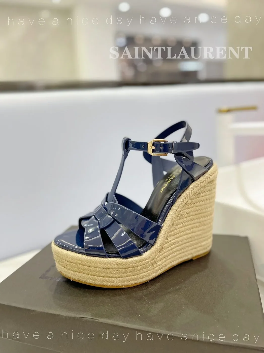 Saint Laurent Tribute Espadrilles In Patent Navy Blue