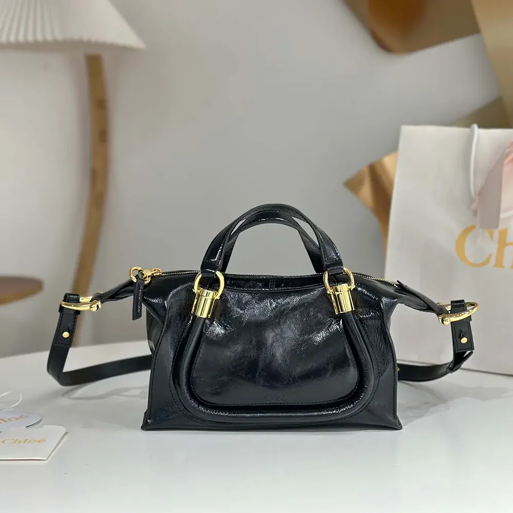 Chloe Small Paraty 24 Bag in Shiny Leather for Women in Black Chloe Small Paraty 24 Bag in Shiny Leather for Women in Black
