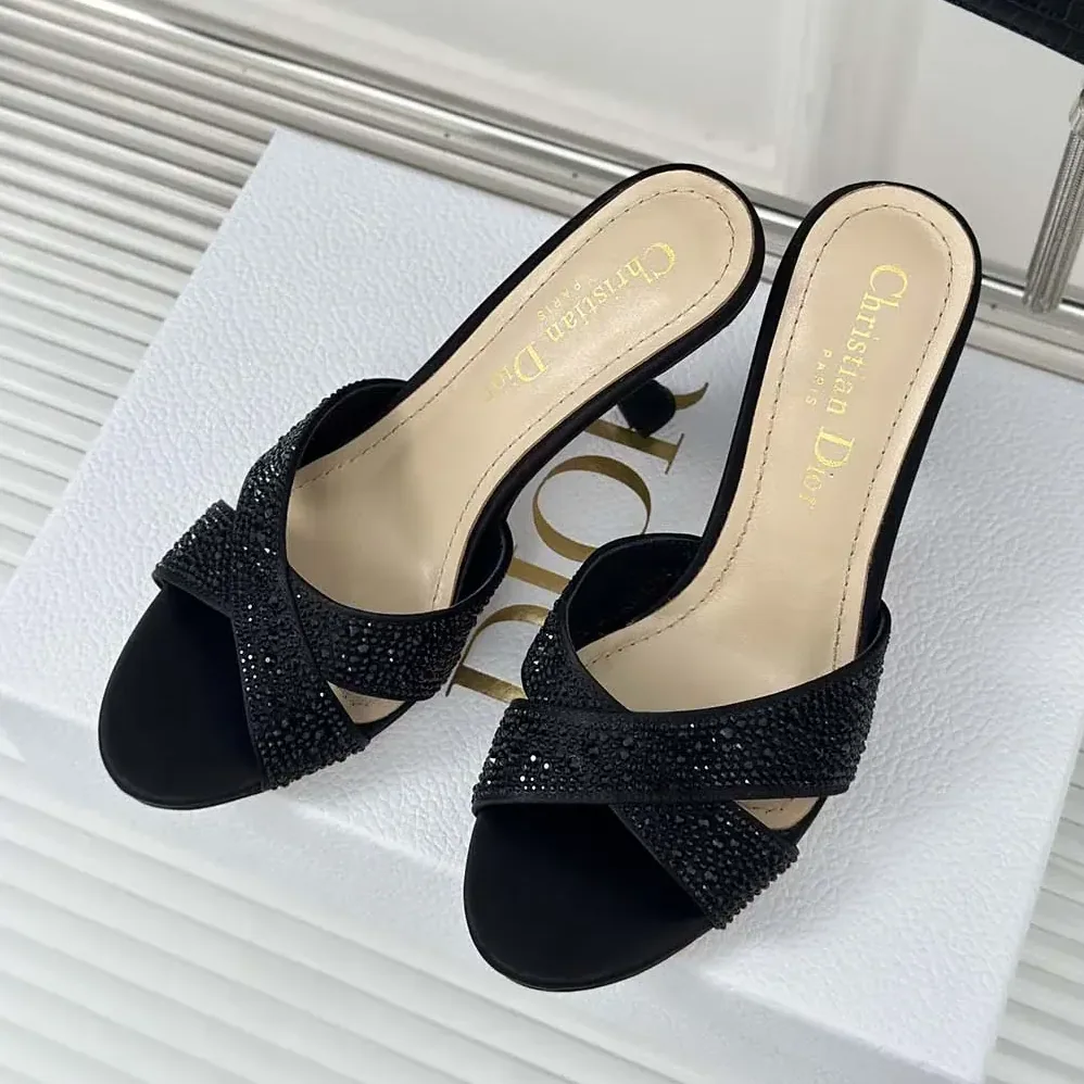 Dior Dior Tribales Heeled Slide Black Suede Calfskin and Strass for Women