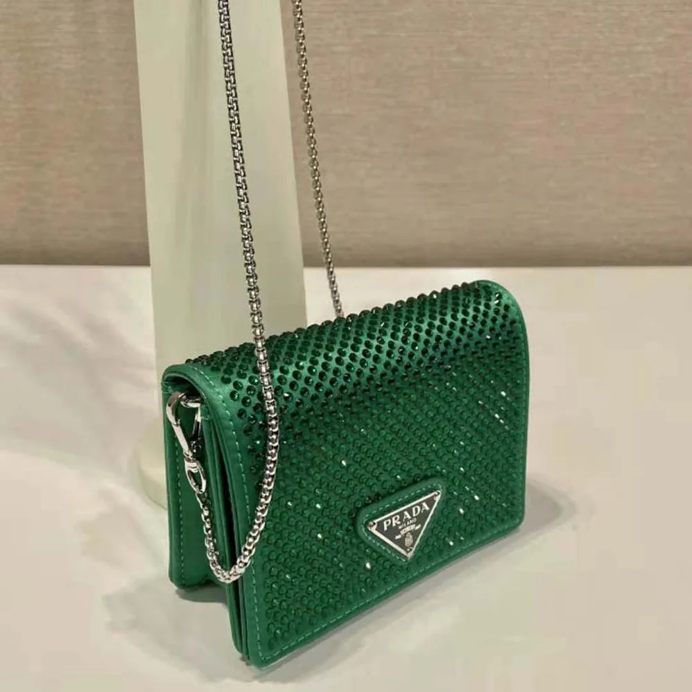 Prada Cardholder with Shoulder Strap and Crystals for Women in Green Prada Cardholder with Shoulder Strap and Crystals for Women in Green