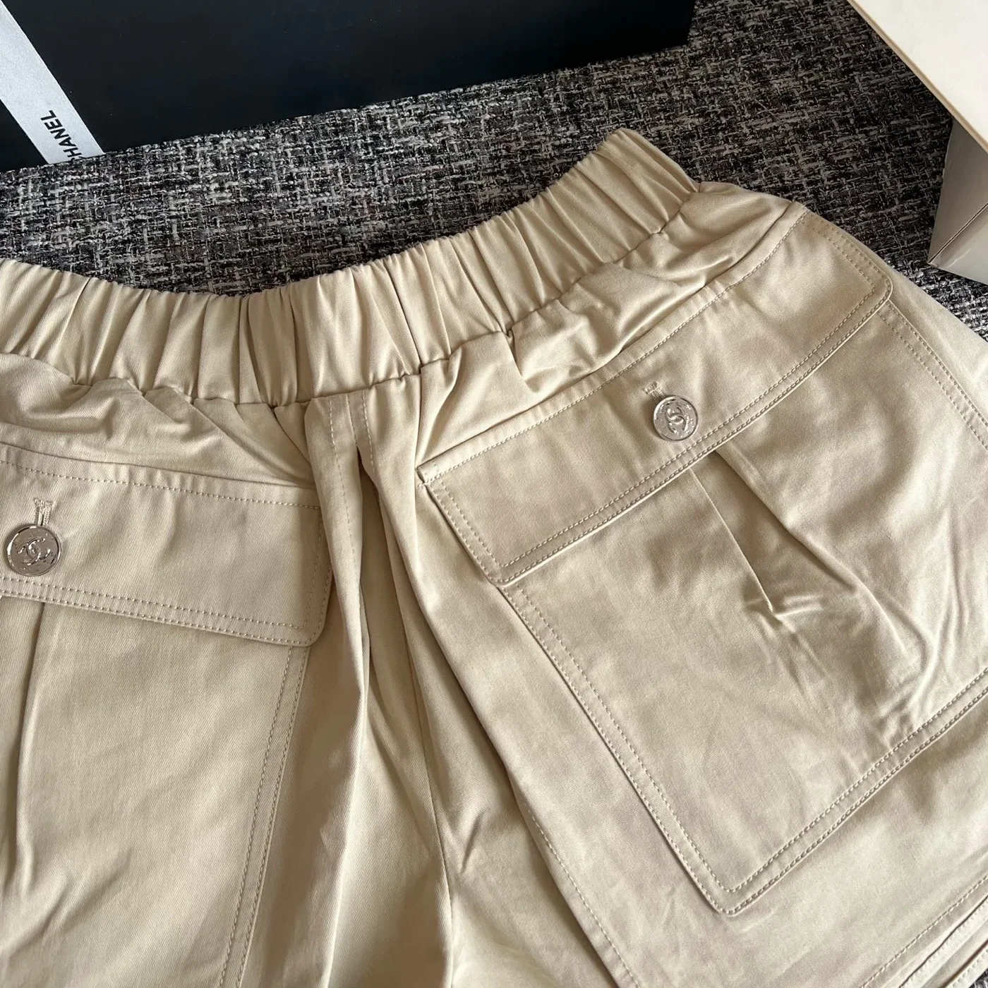 Chanel Cotton Twill Utility Cargo Shorts Sand
