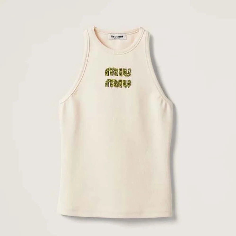 Miu Miu Ribbed Jersey Top with Embroidered Logo for Women in Beige