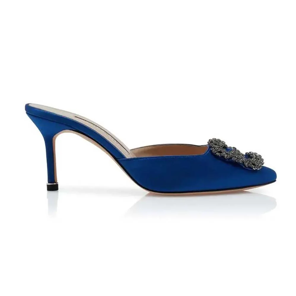 Manolo Blahnik Blue Satin Jewel Buckle Mules for Women Manolo Blahnik Blue Satin Jewel Buckle Mules for Women