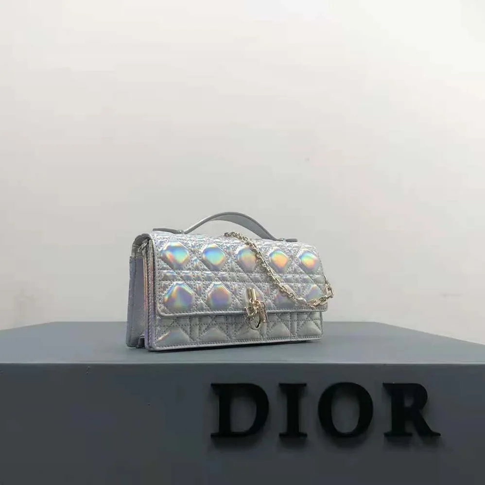 Dior Miss Dior Mini Bag Iridescent Metallic Silver for Women in Tone Cannage Lambskin Dior Miss Dior Mini Bag Iridescent Metallic Silver for Women in Tone Cannage Lambskin