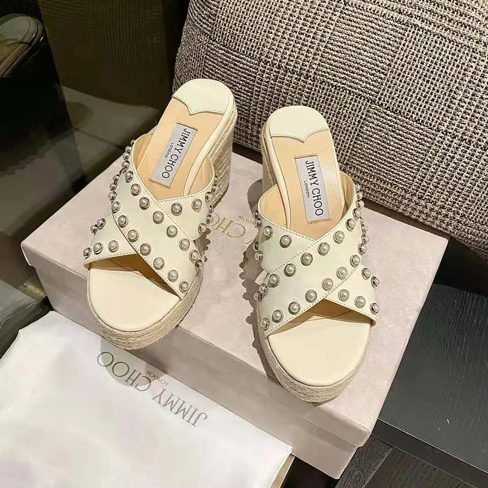 Jimmy Choo Dovina 100 Latte Nappa Wedges with Pearls for Women Jimmy Choo Dovina 100 Latte Nappa Wedges with Pearls for Women