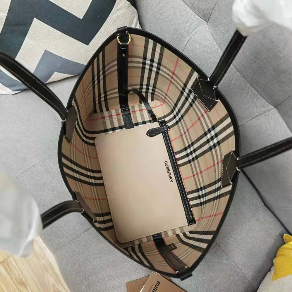 Burberry Label Print Cotton and Leather Small London Tote Bag for Women